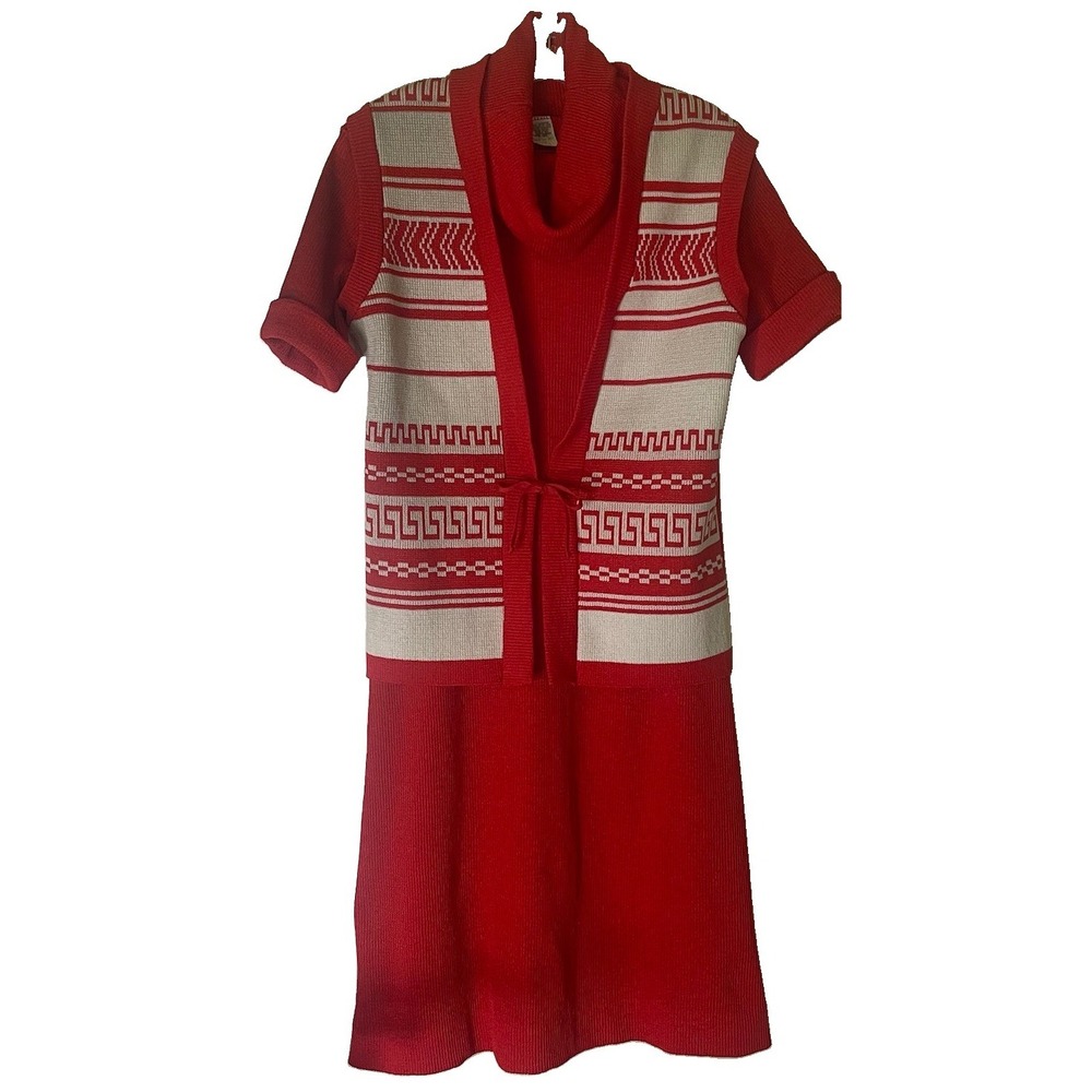 Vintage 70s Stage 7 Red Knit Dress Vest Set Mod Geometric USA Made Women's - Picture 3 of 16